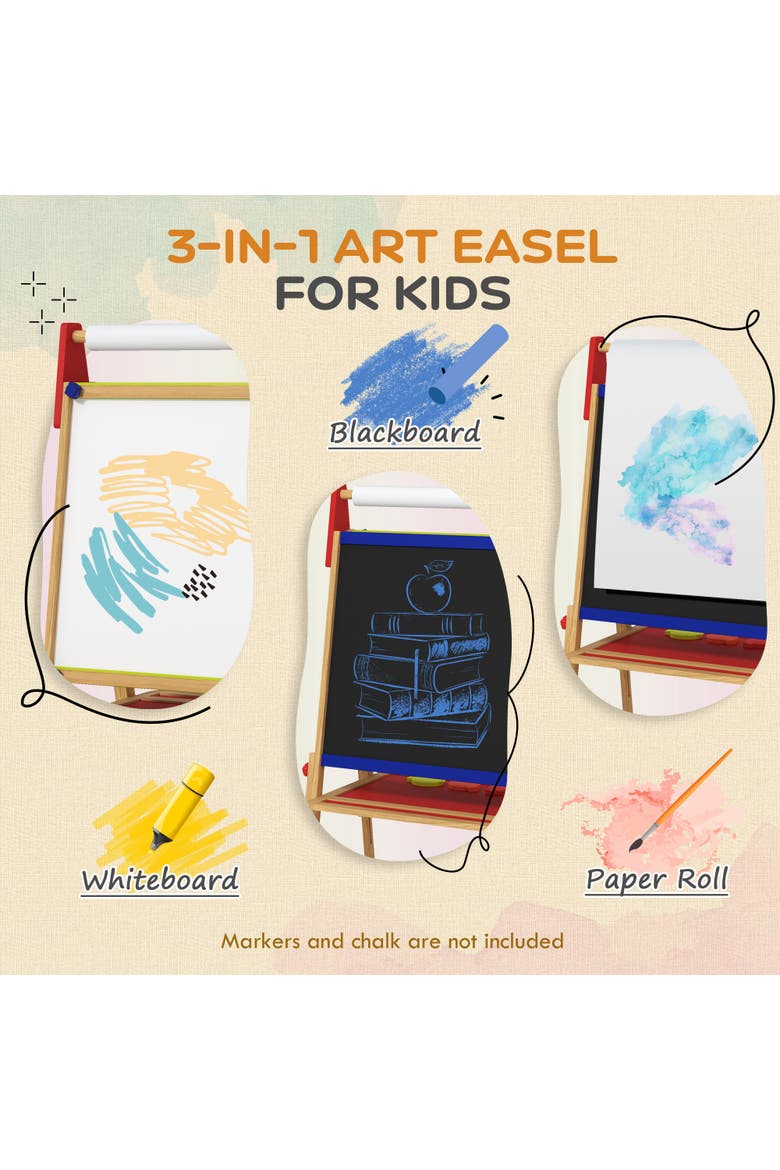 Kids 3-in-1 Art Easel with Paper Roll, Whiteboard, Chalkboard, Alternate, color, Natural Wood