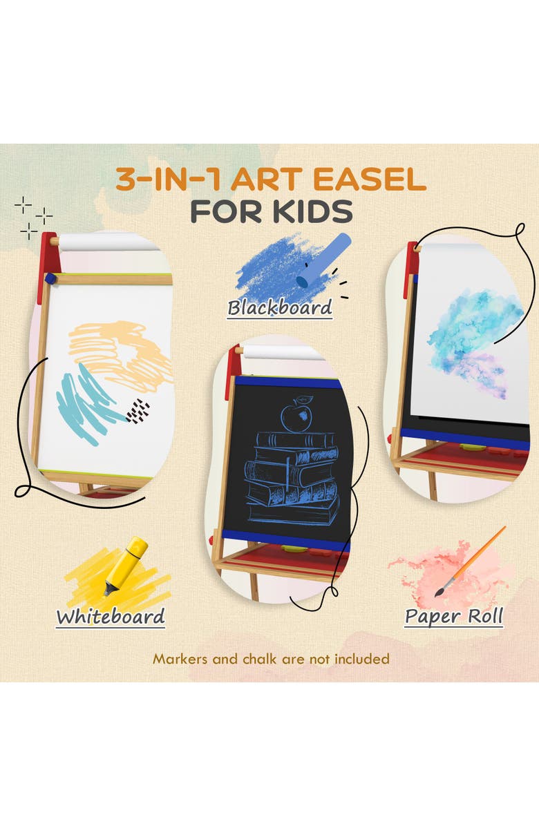 Qaba Kids 3-in-1 Art Easel with Paper Roll, Whiteboard, Chalkboard, Alternate, color, Natural Wood