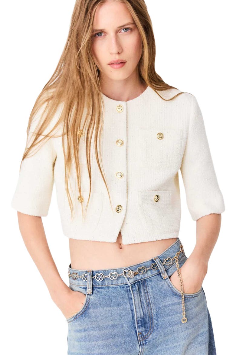 Short-sleeved tweed jacket, Alternate, color, Ecru