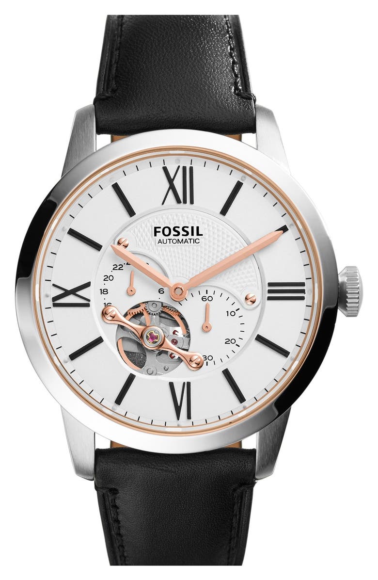 Fossil 'Townsman' Automatic Leather Strap Watch, 44mm, Main, color,