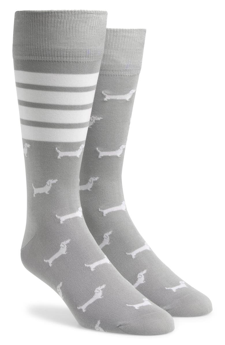 Thom Browne 4-Bar Hector Jacquard Crew Socks, Main, color, Light Grey