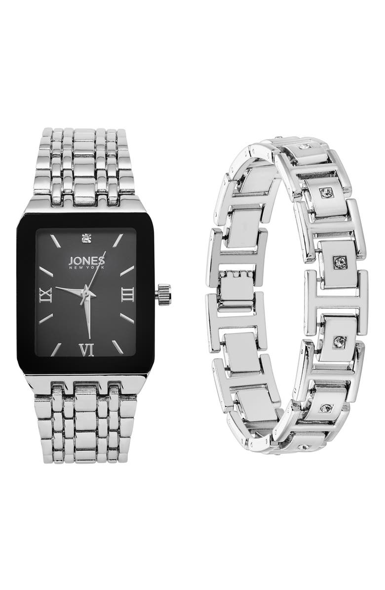 Jones New York Three-Hand Quartz Mesh Strap Watch & ID Bracelet Set, Main, color, Silver