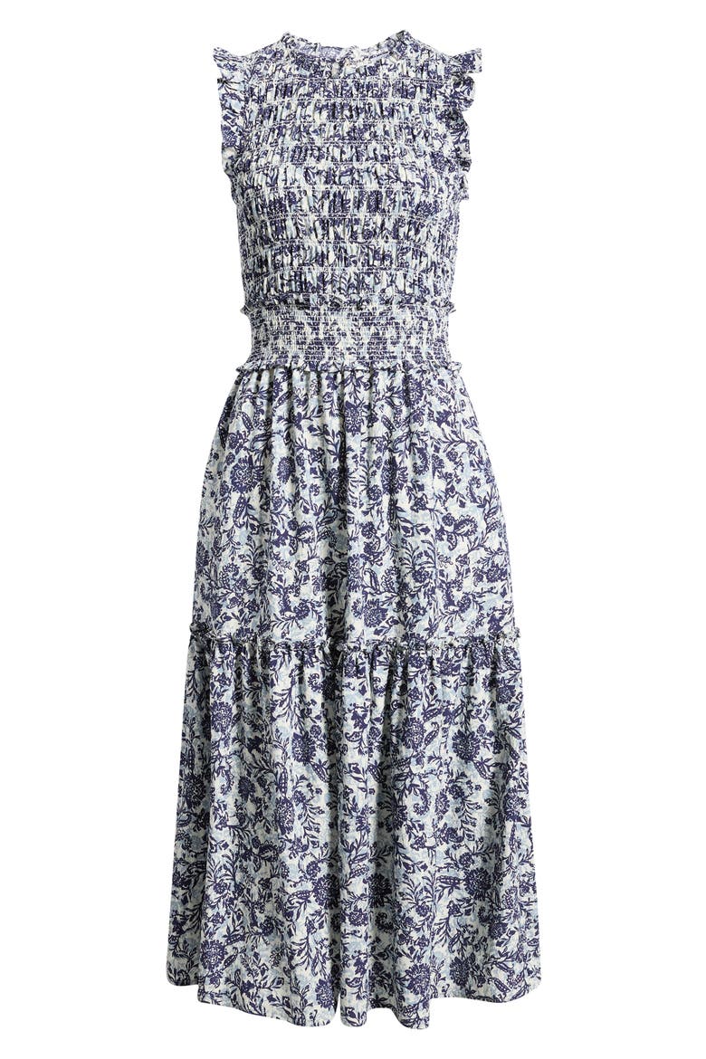 Vivier Smocked Midi Dress, Alternate, color, INDIGO MARIGOLD