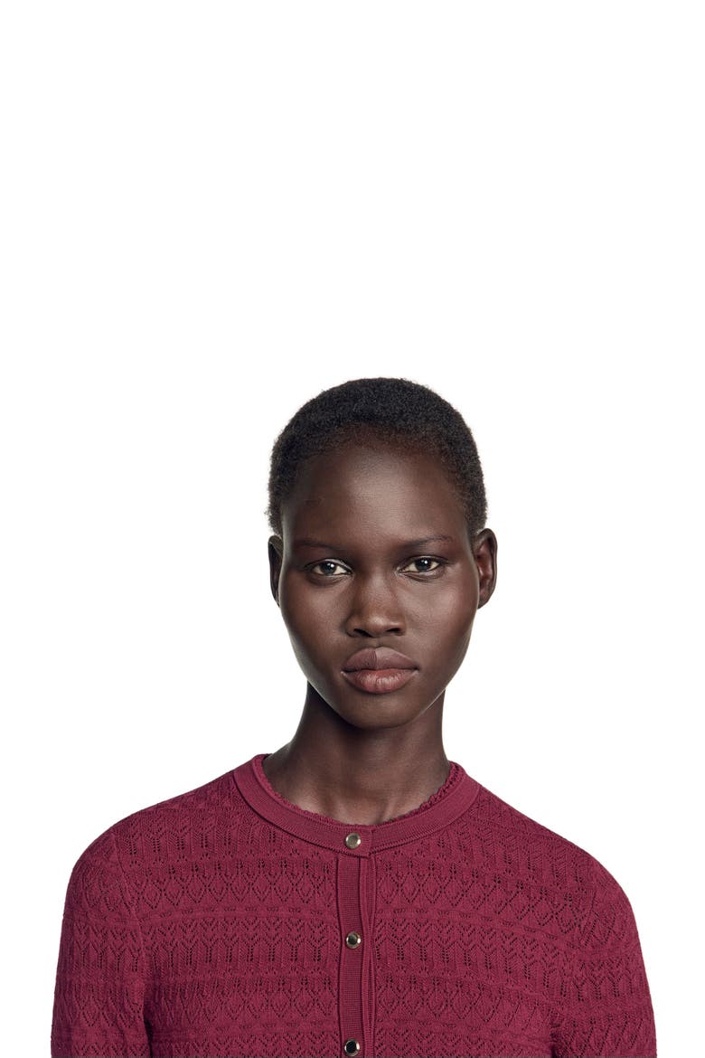 Cropped pointelle knit cardigan, Alternate, color, Bordeaux