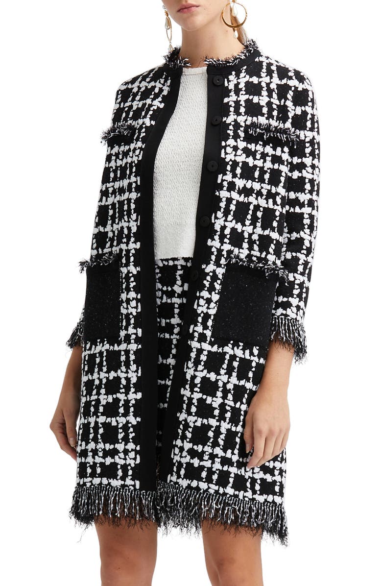 Oscar de la Renta Fringe Edge Plaid Knit Coat, Main, color, 