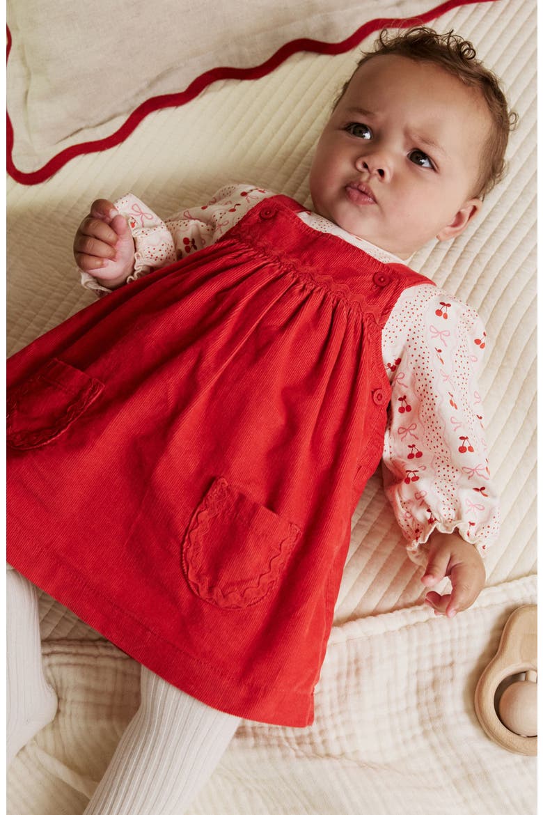 Bow Corduroy Pinafore Dress, Bodysuit & Socks Set, Alternate, color, RED