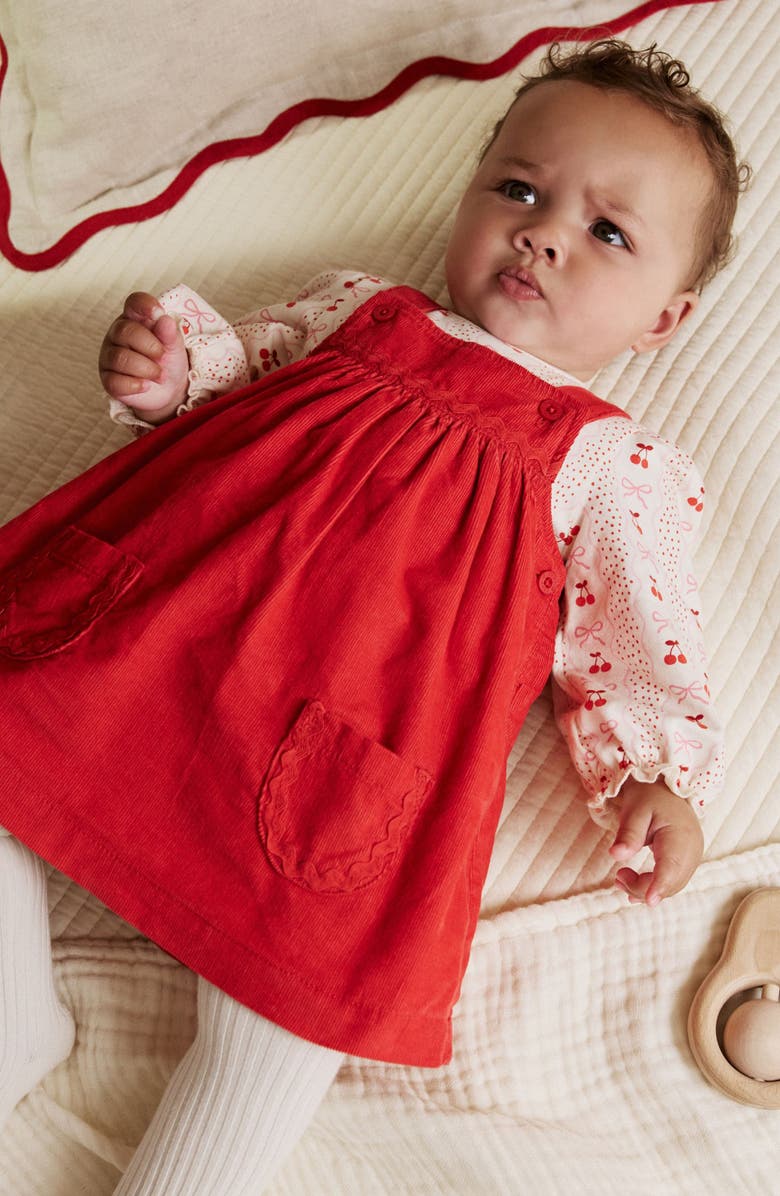 NEXT Bow Corduroy Pinafore Dress, Bodysuit & Socks Set, Alternate, color, Red