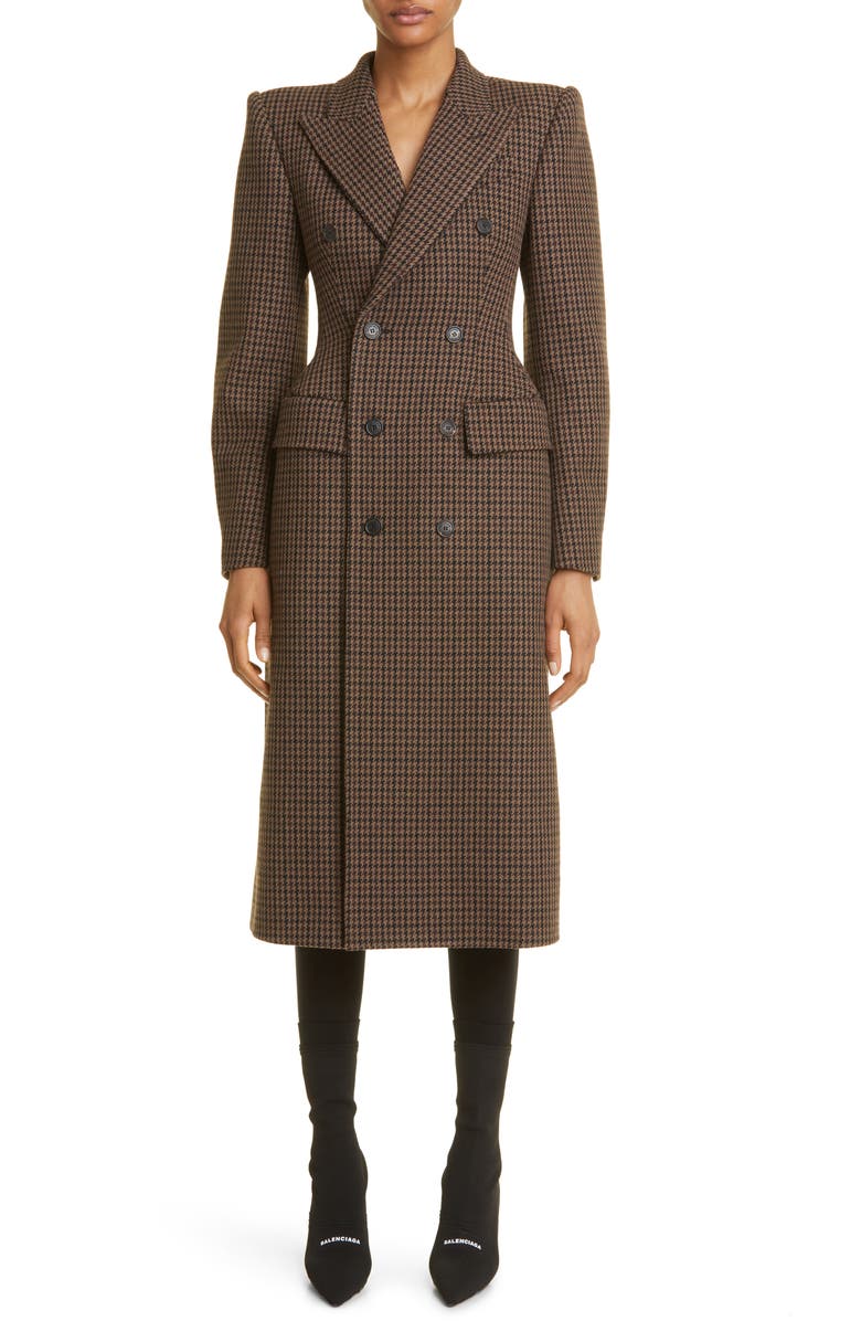 Balenciaga Hourglass Houndstooth Wool Blend Coat, Main, color,