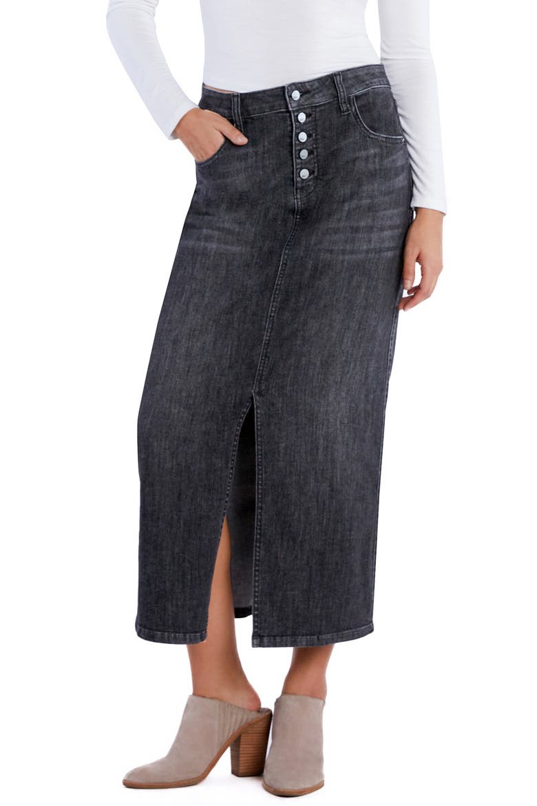 All Good Front Slit Denim Midi Skirt, Alternate, color, SHIP GREY