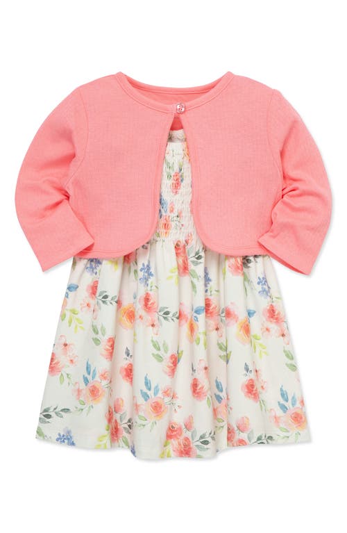 Little Me Rose Smocked Cotton Sundress, Pointelle Cardigan & Bloomers Set In Rose