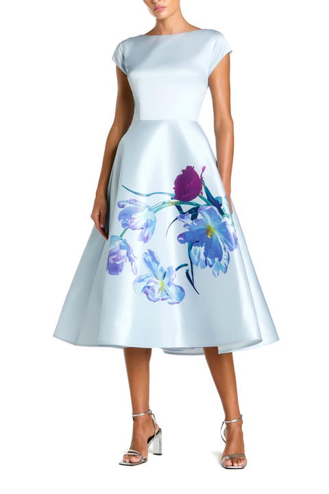 Satin Cap Sleeve Midi Dress With Floral Print