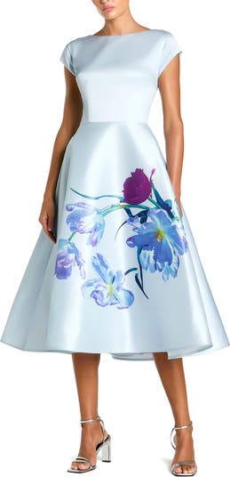 embroidered dressing gowns Mac Duggal V-Neck Mesh Puff Sleeve A Line Embellished Tea Length Dress  #20512 main image 1