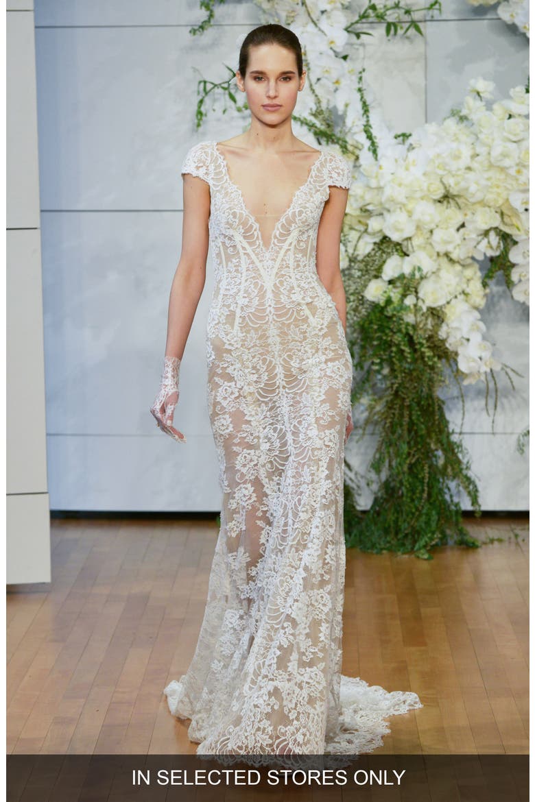 Arden Plunge Lace Trumpet Wedding Dress, Main, color, SILK WHITE/ NUDE