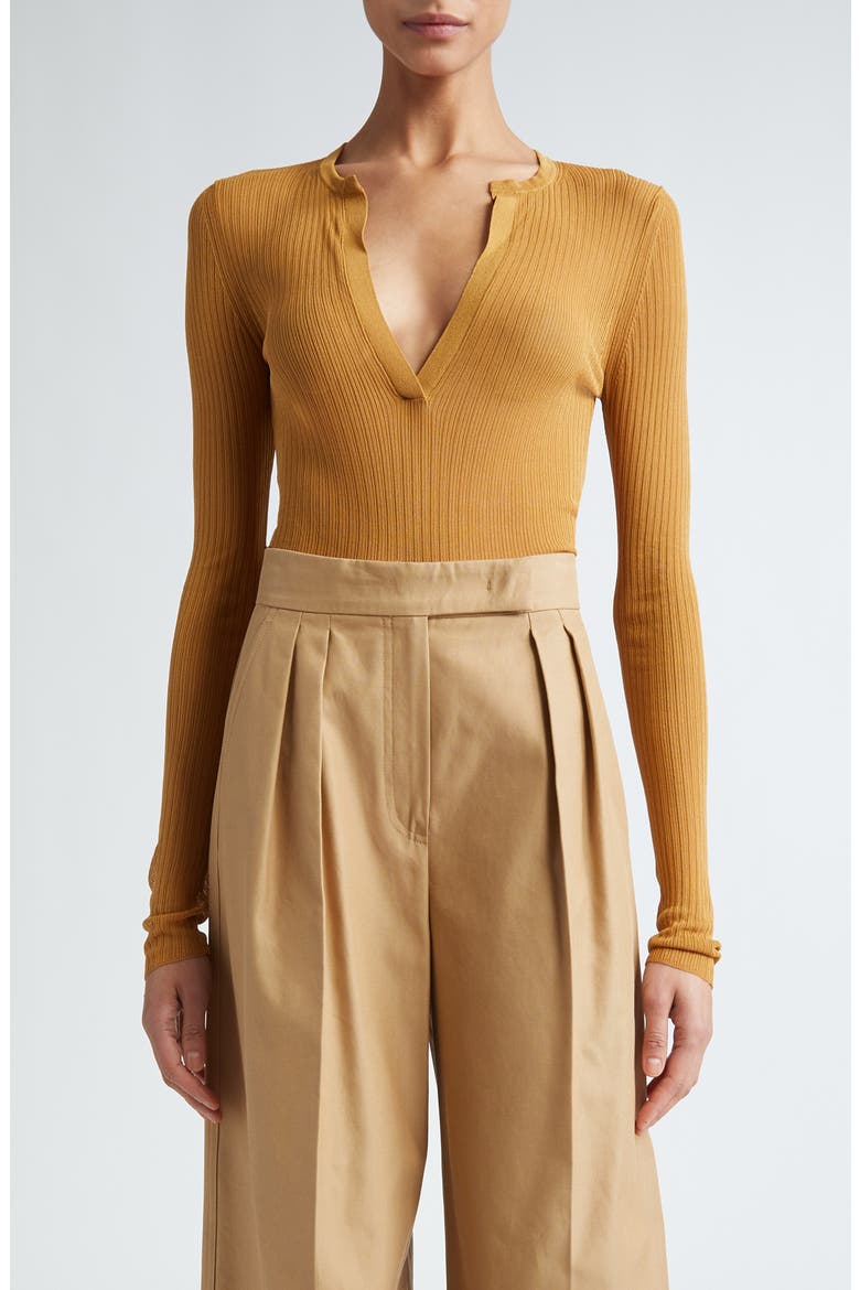 Saggina Split Neck Rib Silk Top, Main, color, TOBACCO