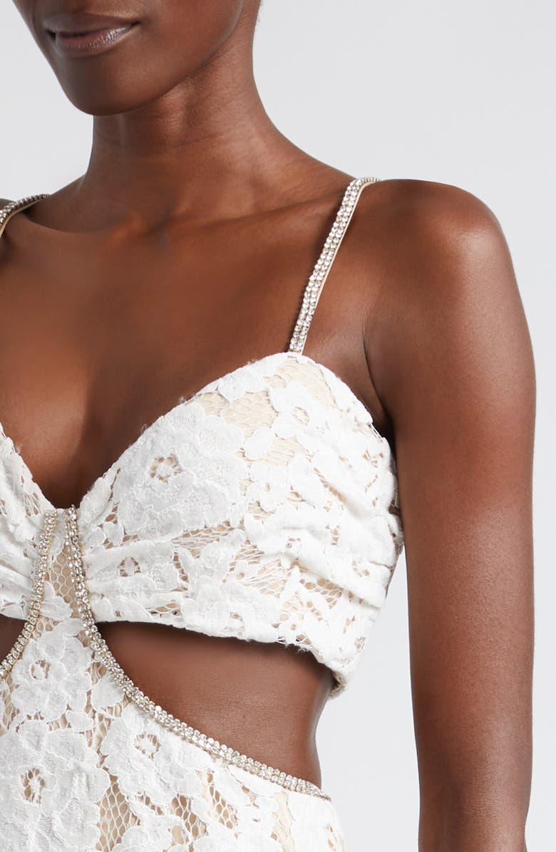 LIKELY Sarah Cutout Lace Feather Trim Maxi Dress, Alternate, color, White