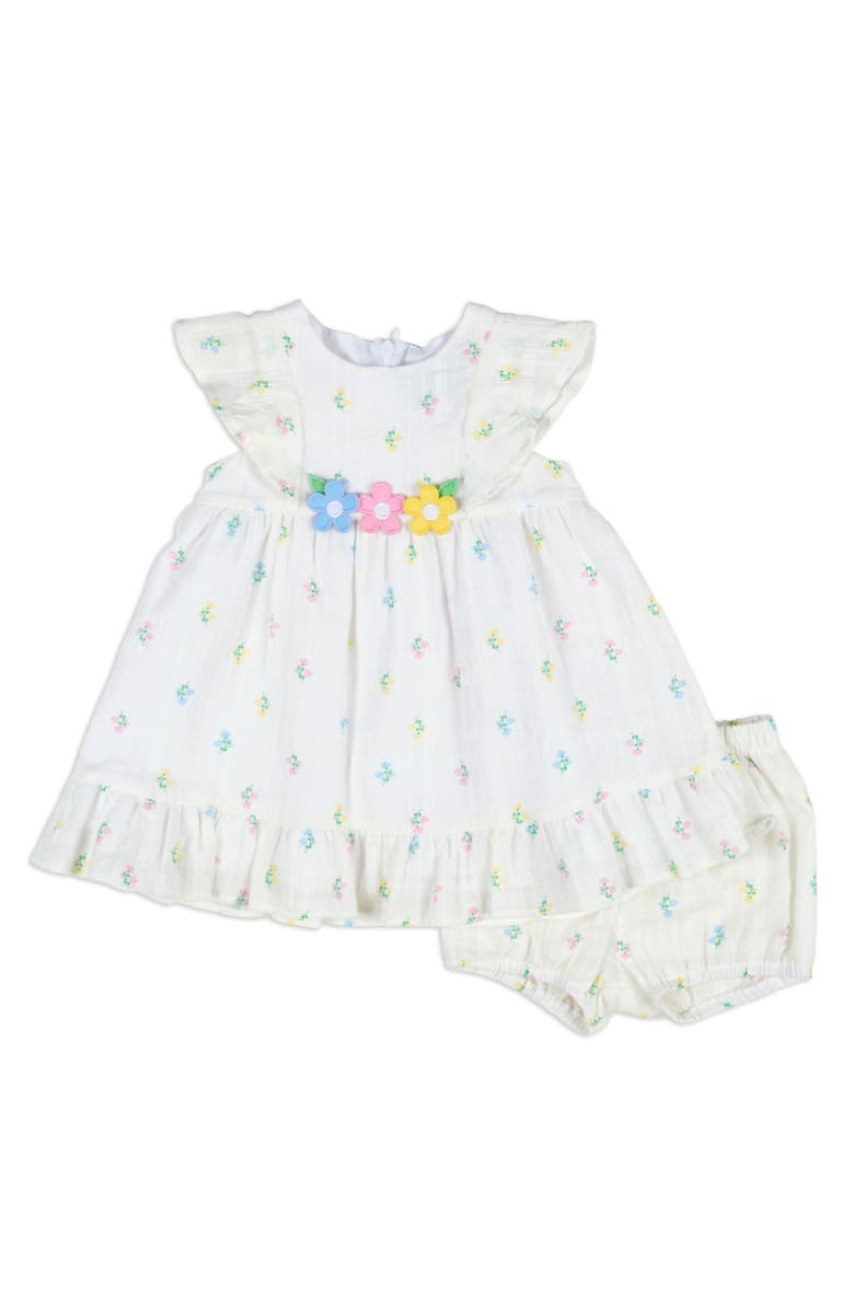 Florence Eiseman Textured Lawn Floral Printed Dress With Flowers and Bloomer, Main, color, White / Multicolor