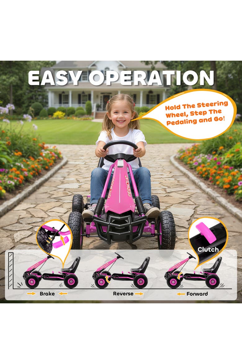Kids 4-Wheel Pedal Go Kart, Adjustable Seat, EVA Wheels, Brake, Pink, Alternate, color, Pink