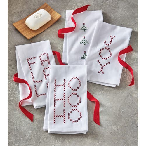 Tag "ho Ho Ho" & "fa La La" White Red Embroidered Cross Stitch Design Set Of 2 Cotton Guest Towels   In Multi
