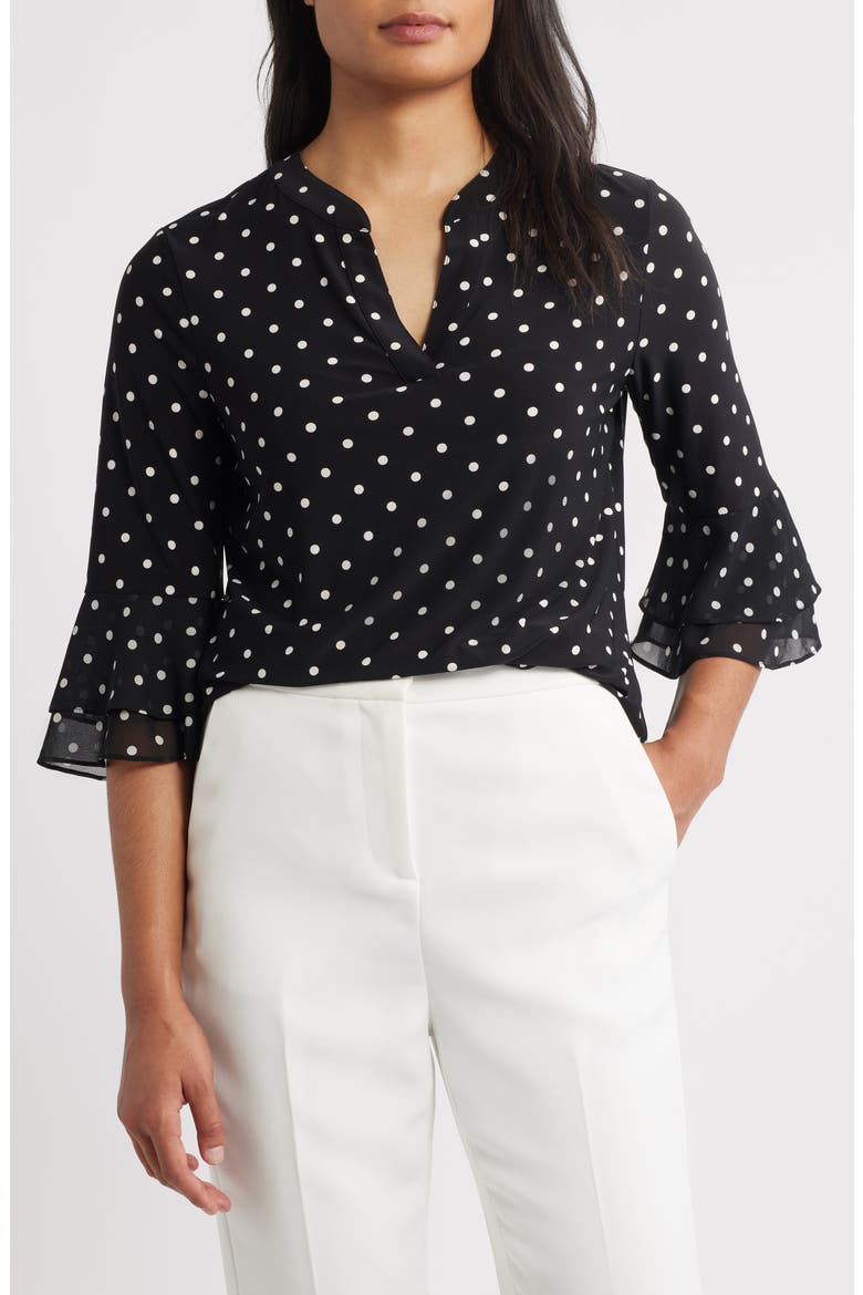 Polka Dot Flutter Sleeve Top, Main, color, BLACK/ VANILLA ICE