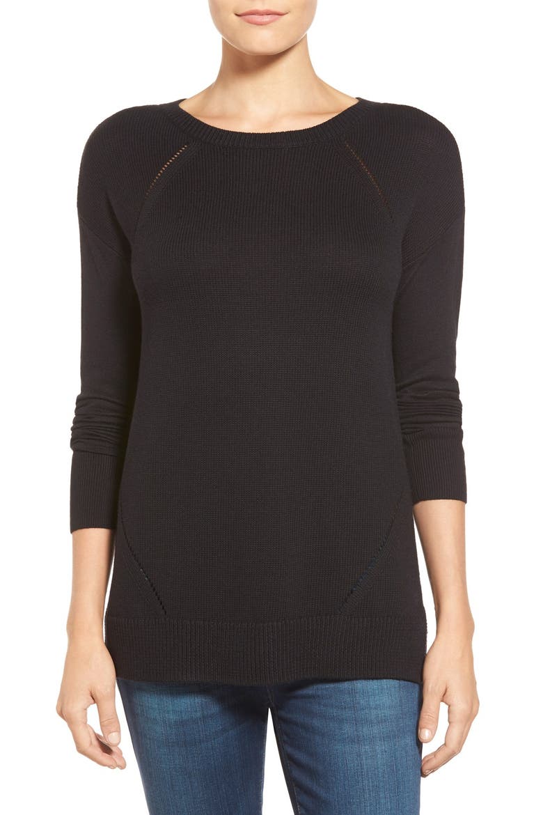Button Back Tunic Sweater, Main, color, BLACK