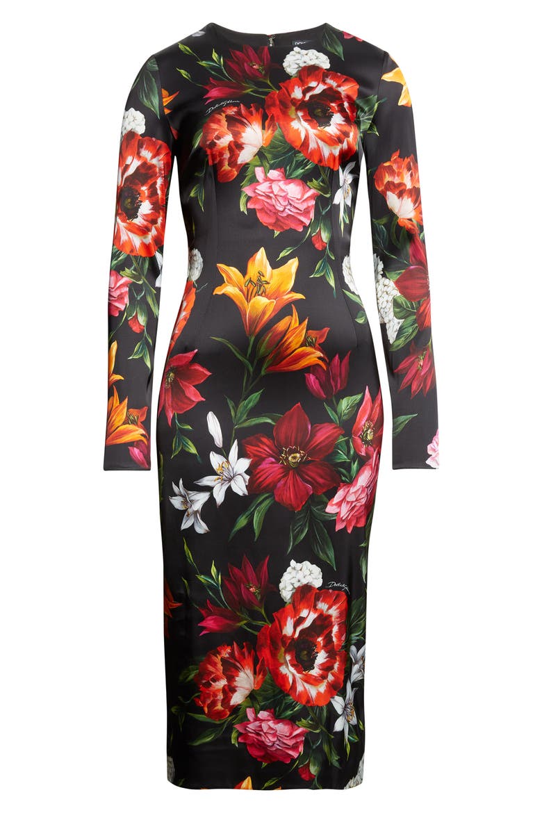 Floral Print Long Sleeve Satin Sheath Dress, Alternate, color, HN5PB ANEMONI GIGLI F.NERO