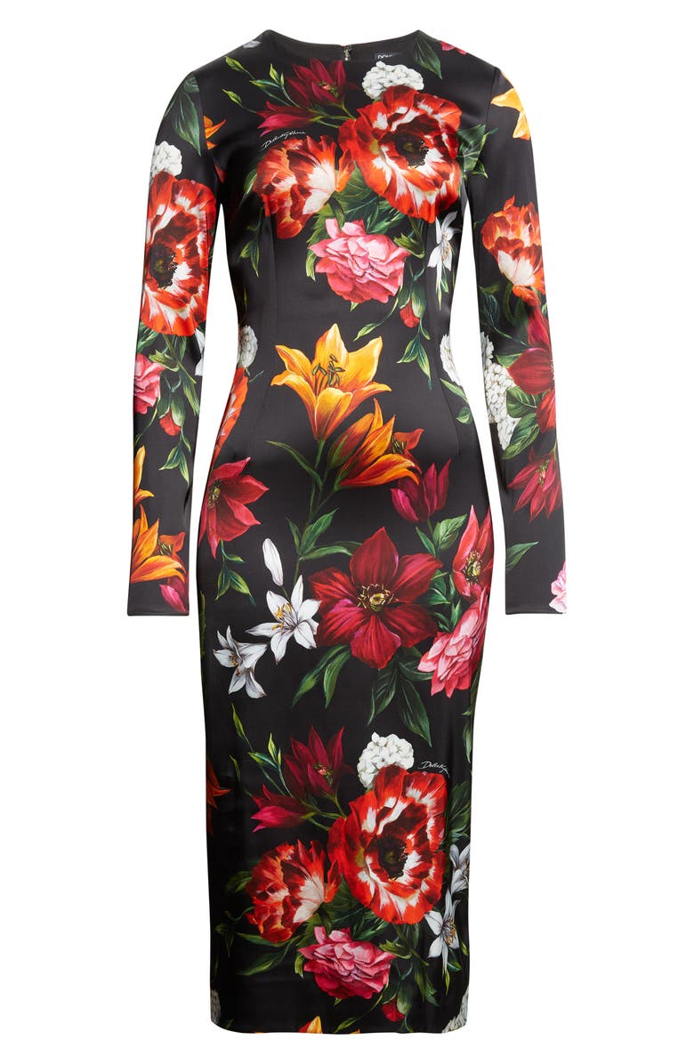 Dolce&Gabbana Floral Print Long Sleeve Satin Sheath Dress, Alternate, color, Hn5pb Anemoni Gigli F.nero