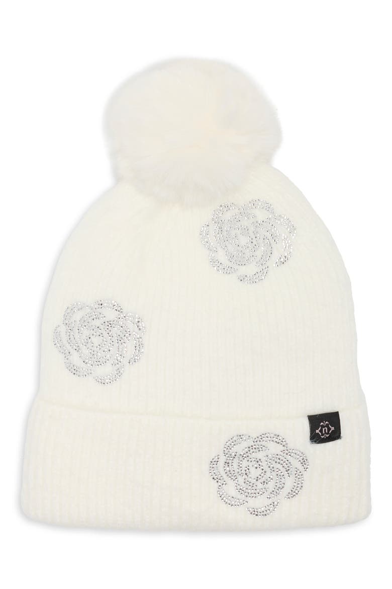 Floral Beanie with Faux Fur Pom, Main, color, WHITE