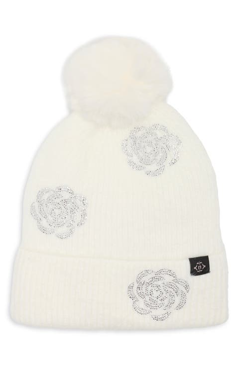 Floral Beanie with Faux Fur Pom