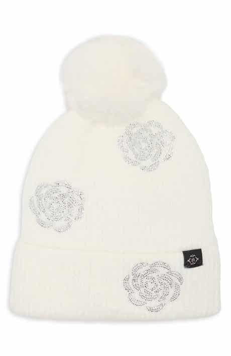Floral Beanie with Faux Fur Pom