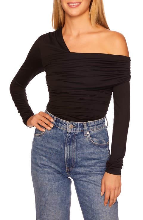 Asymmetric Off the Shoulder Ruched Long Sleeve Top