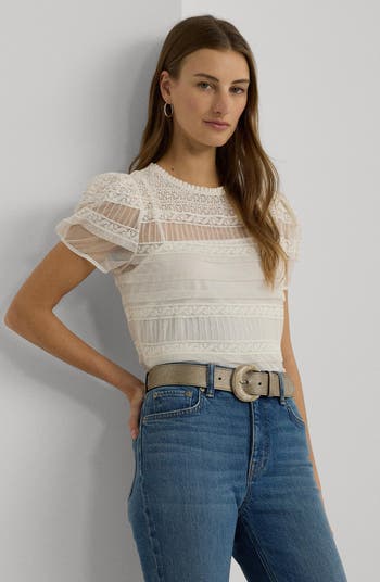 Lauren Ralph Lauren Lace Trim Mesh Puff Sleeve Blouse