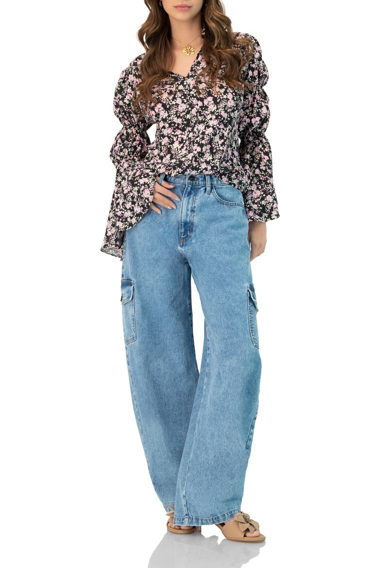 Collared Long Sleeve Floral Print Blouse, Alternate, color, Black