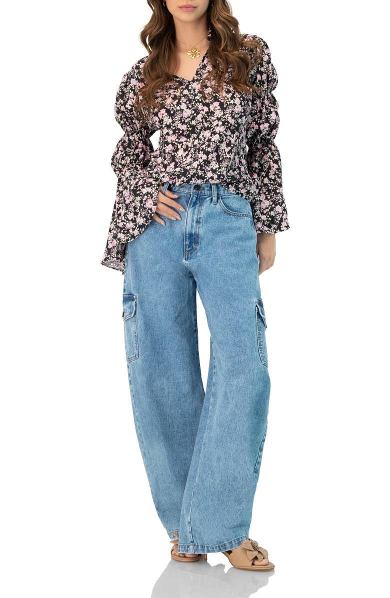 IVONNE Collared Long Sleeve Floral Print Blouse, Alternate, color, Black