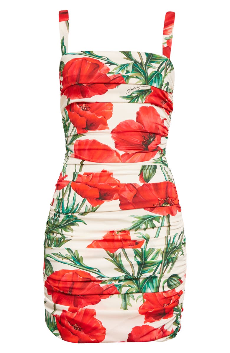 Dolce&Gabbana Poppy Print Ruched Stretch Silk Charmeuse Dress, Alternate, color, 