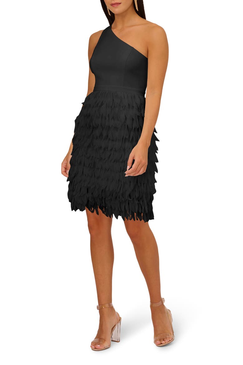 Asymmetric Chiffon & Crepe Knit Cocktail Dress, Main, color, BLACK