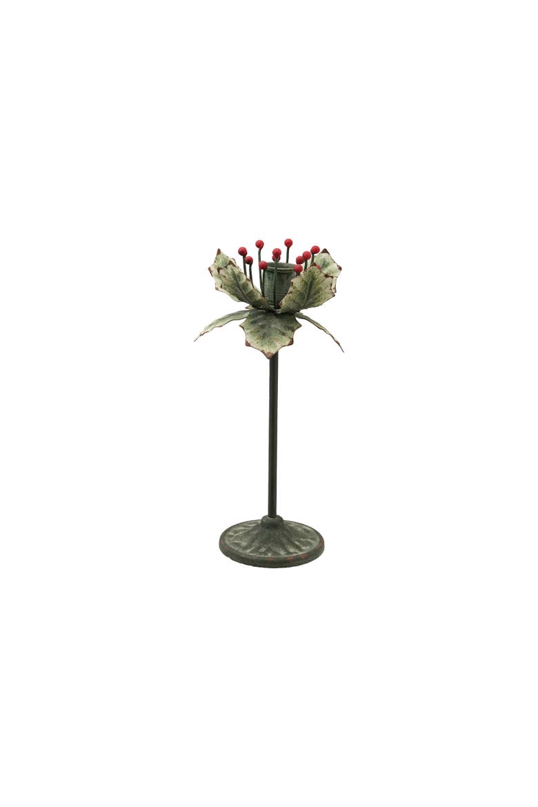 Holly Leaf Painted Iron Taper Holder, Main, color, Green and Red