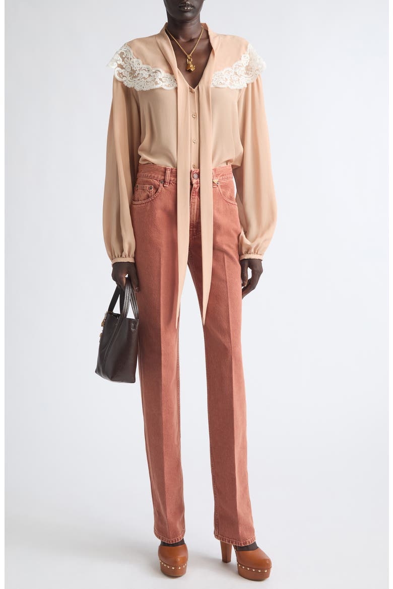 Iconic Lace Trim Silk Georgette Shirt, Alternate, color, BISCUIT PINK