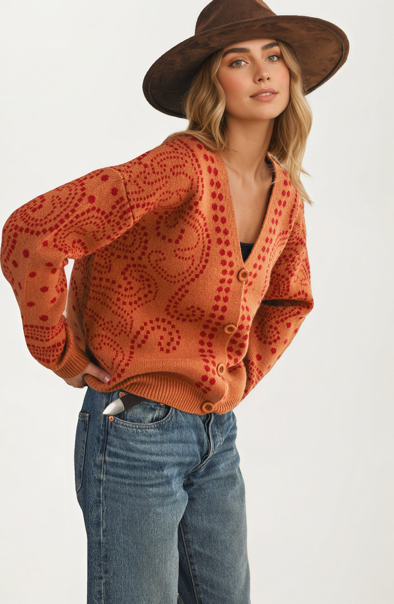 Knit and Lounge Patterned Button Relaxed Modern Fit Cardigan, Alternate, color, Orange-Toned Brown