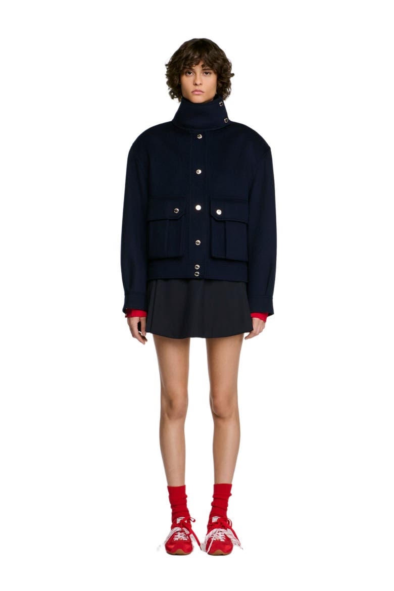 Double-faced standing collar coat, Main, color, Navy blue
