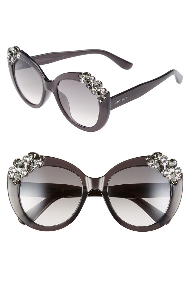 'Megan' 53mm Crystal Embellished Round Sunglasses, Main, color, DARK GREY