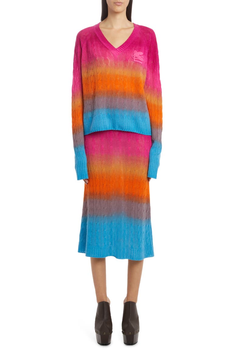 Etro Ombré Colorblock Cable Knit V-Neck Sweater, Alternate, color,