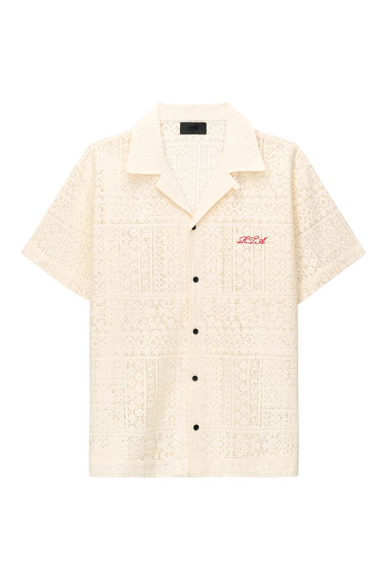 Nathan Oversized Open Weave Button-Up Camp Shirt, Main, color, SAND CURSIVE