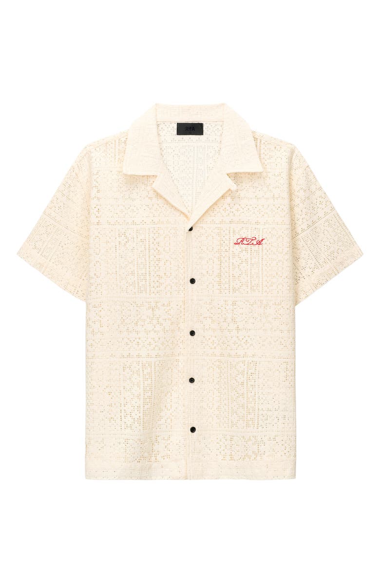 RtA Nathan Oversized Open Weave Button-Up Camp Shirt, Main, color, Sand Cursive