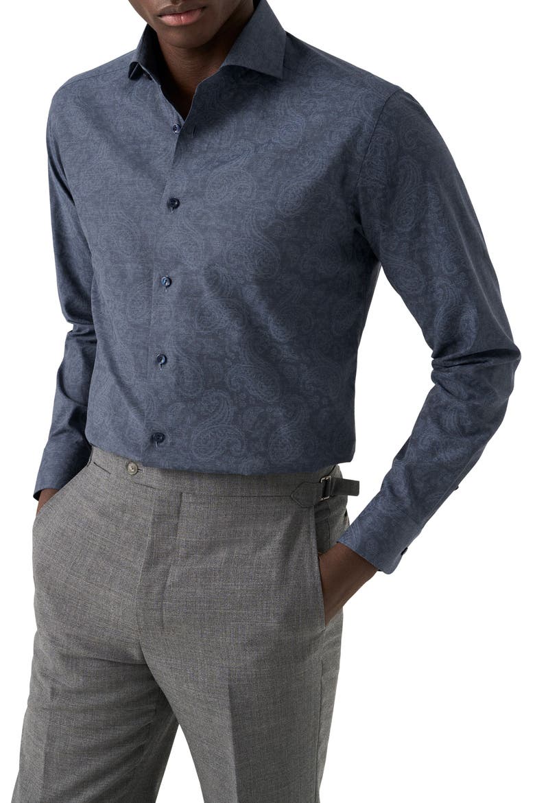Contemporary Fit Paisley Mélange Cotton Dress Shirt, Main, color, DARK BLUE