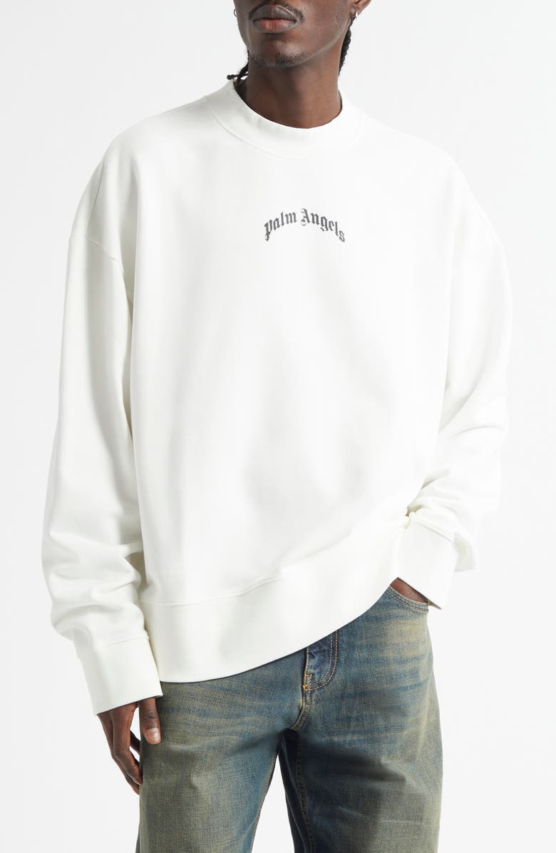 Palm Angels Curved Logo Long Sleeve Graphic Sweatshirt, Main, color, Off White/ Black