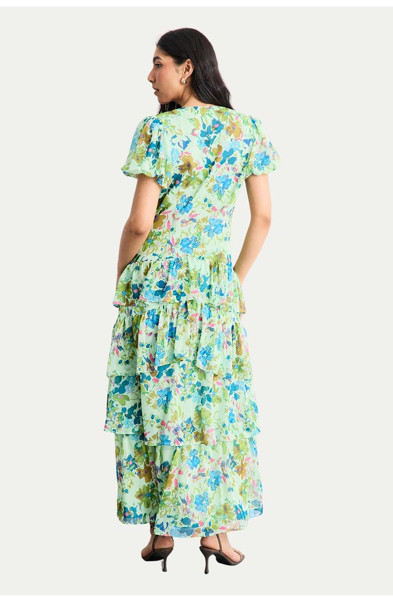 Warehouse Waist Puff Sleeve Tiered Midi Dress, Alternate, color, Green