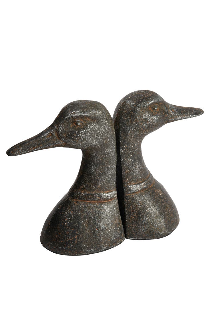 Decorative Distressed Cast Metal Duck Head Bookends, Black, Main, color, Brown