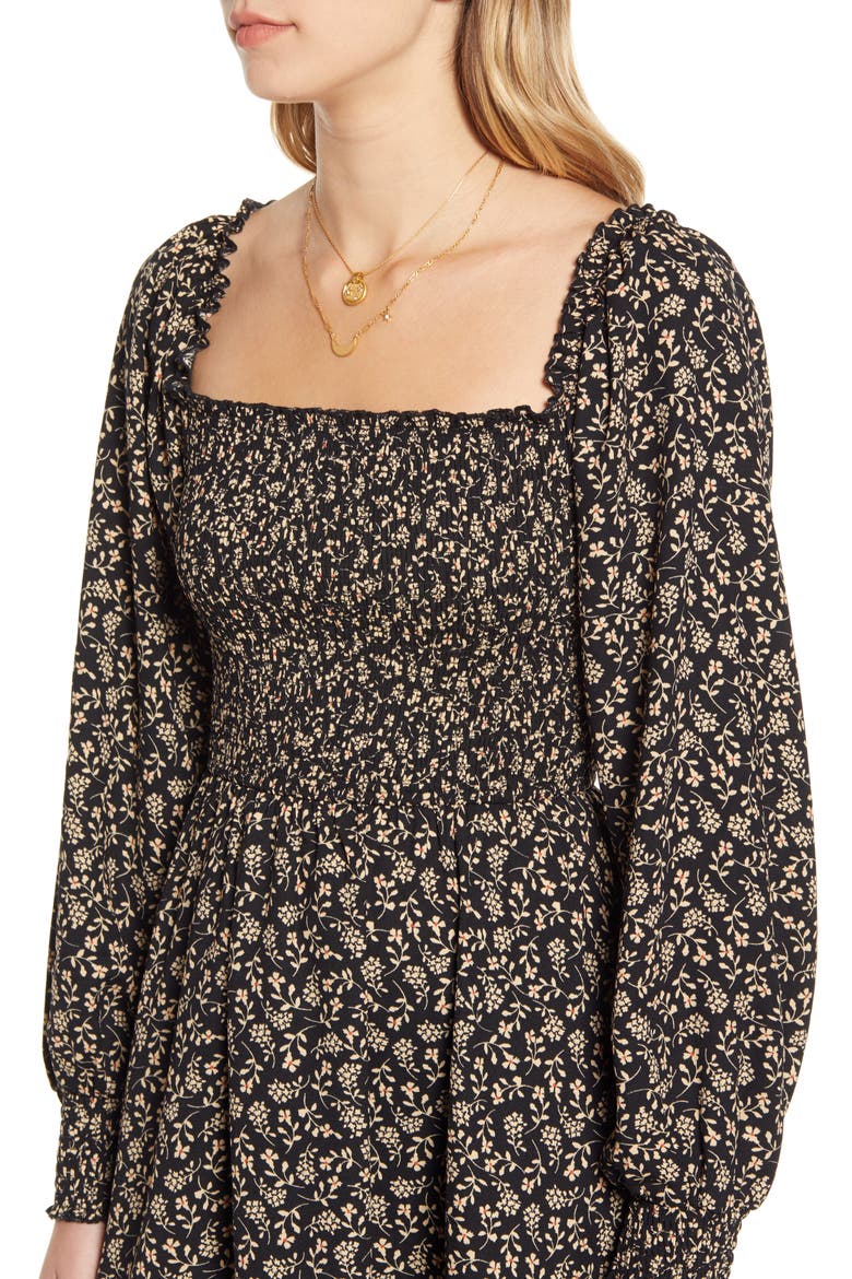 Smocked Bodice Long Sleeve Minidress, Alternate, color, BLACK FLORAL
