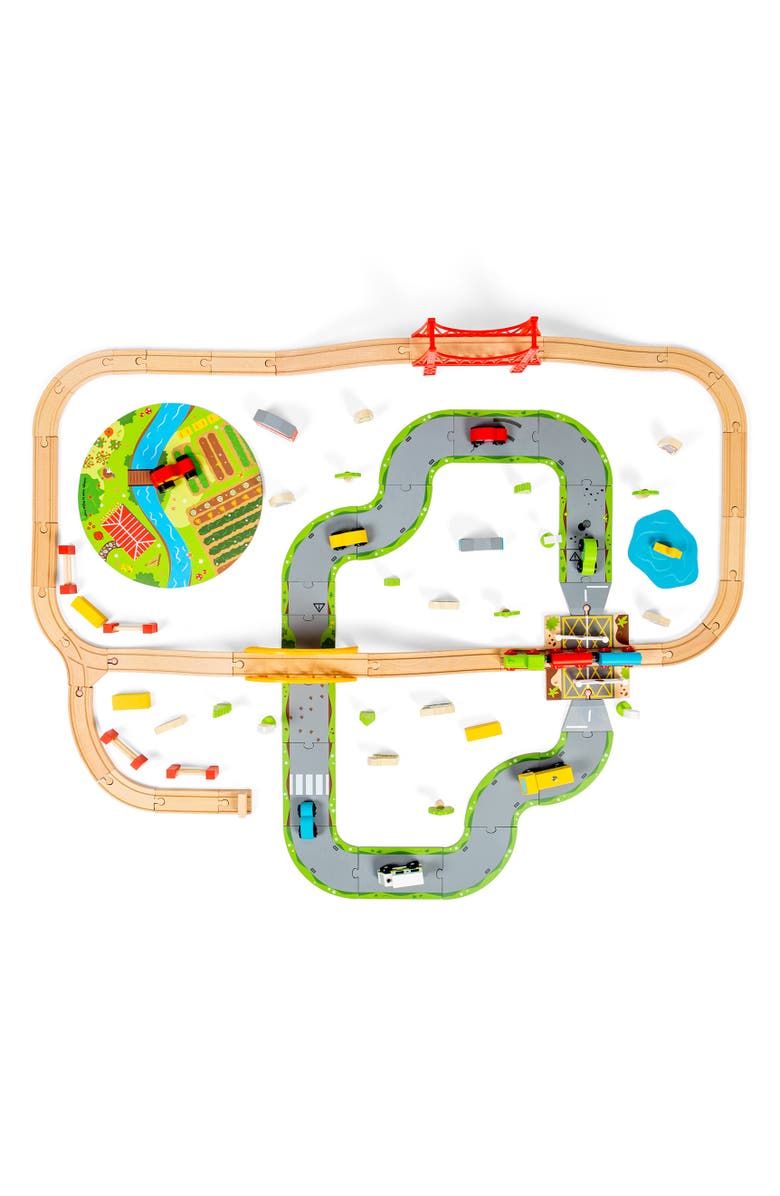 Bigjigs Rail Road & Rail Train Set, Main, color, Brown