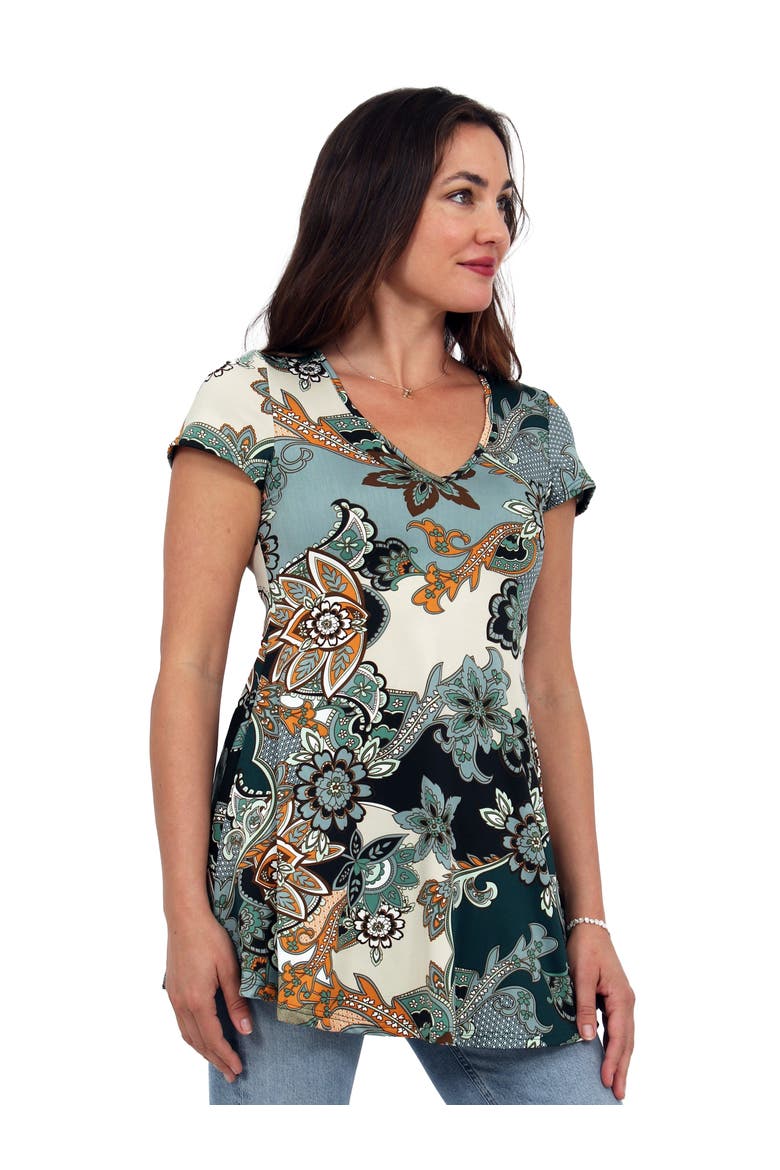 Basic Floral Print V-Neck Short Sleeve Flared Tunic Top, Alternate, color, Green Multi